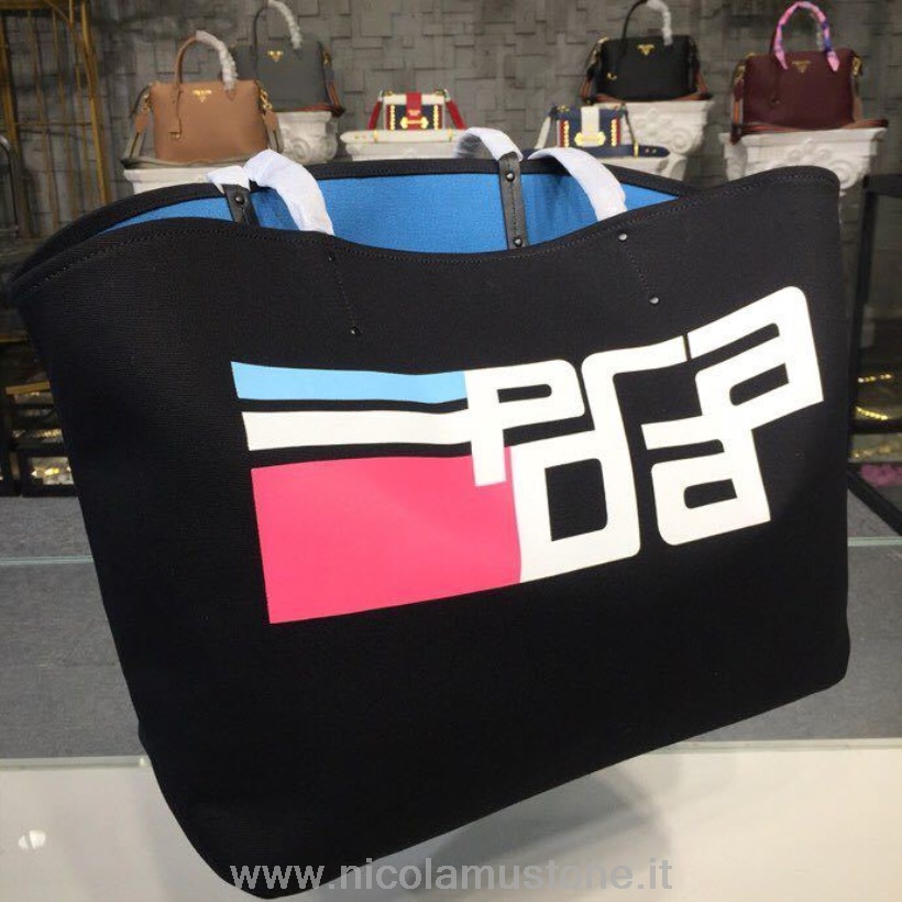оригинальная качественная холщовая сумка-тоут с логотипом Prada 42см 1bg220 холщовая коллекция весна/лето 2018 черный