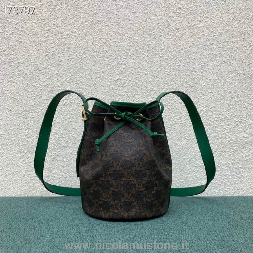 оригинальная качественная маленькая сумка-ведро Celine Triomphe холст/кожа теленка зеленая