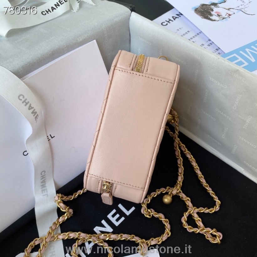 оригинальная качественная сумка-коробка Chanel 14см As2463 золотая фурнитура из кожи ягненка осень/зима 2021 коллекция светло-розовый