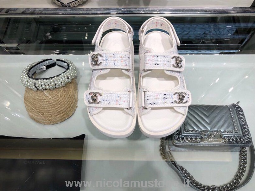 Qualità Originale Chanel Sandali In Tweed/pelle Di Agnello Gomma Pelle Di Vitello Collezione Primavera/estate 2019 Bianco