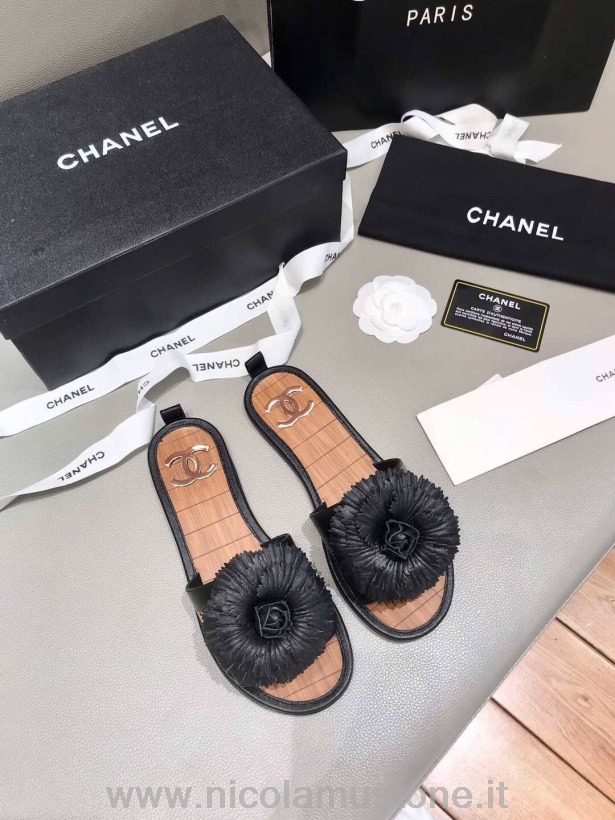 Qualità Originale Sandali Chanel Camelia G34662 Pelle Di Capra Laminata Stropicciata Collezione Primavera/estate 2019 Nero