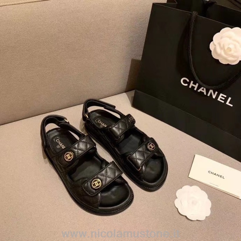 Qualità Originale Chanel Cc Button Velcro Sandali In Pelle Di Agnello Lucida Collezione Primavera/estate 2020 Nero