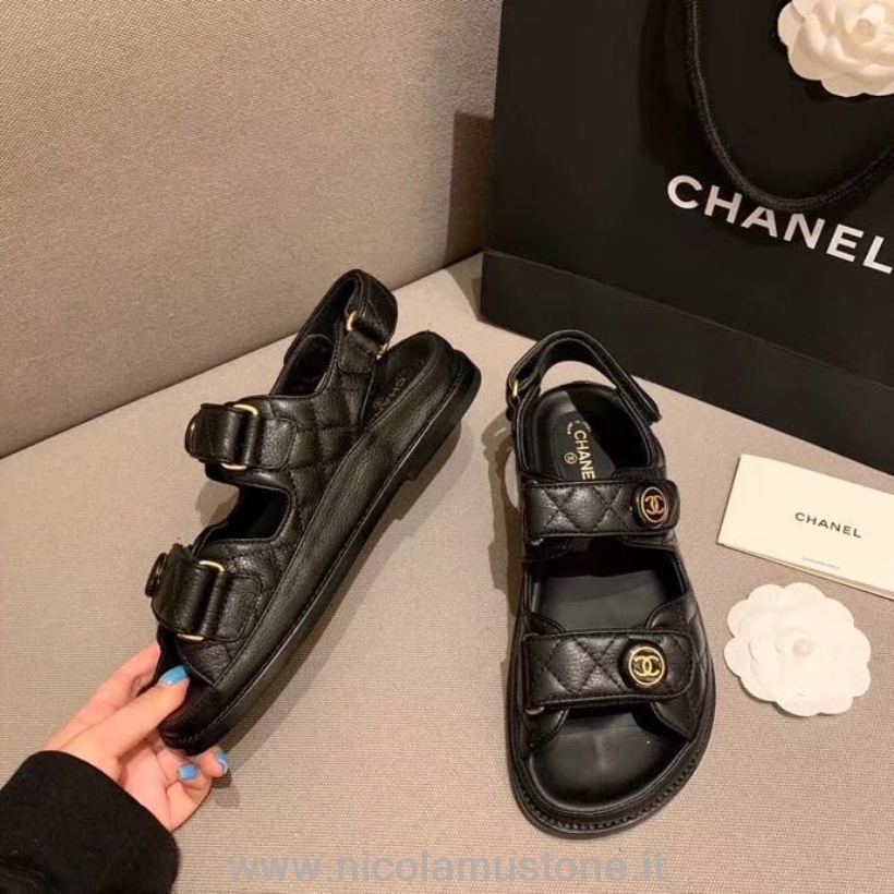 Qualità Originale Chanel Cc Button Velcro Sandali In Pelle Di Agnello Lucida Collezione Primavera/estate 2020 Nero