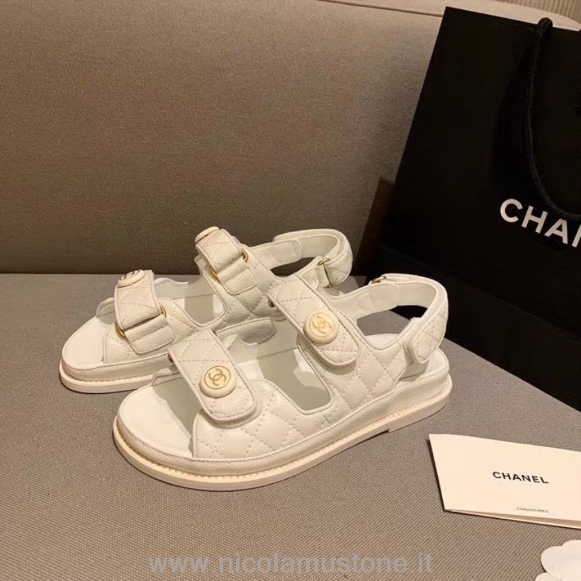 Qualità Originale Chanel Sandali Cc Bottone Velcro Pelle Agnello Lucido Collezione Primavera/estate 2020 Bianco