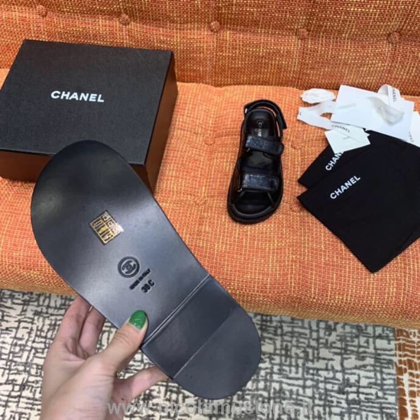Qualità Originale Sandali Chanel Velcro Pelle Di Agnello Lucida Collezione Primavera/estate 2020 Nero