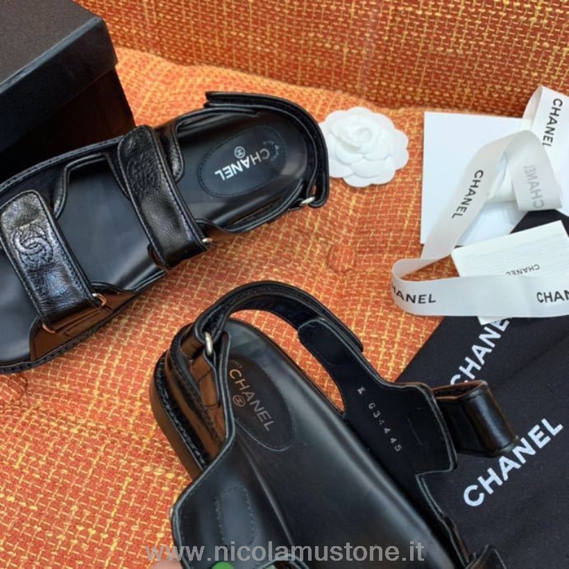 Qualità Originale Sandali Chanel Velcro Pelle Di Agnello Lucida Collezione Primavera/estate 2020 Nero