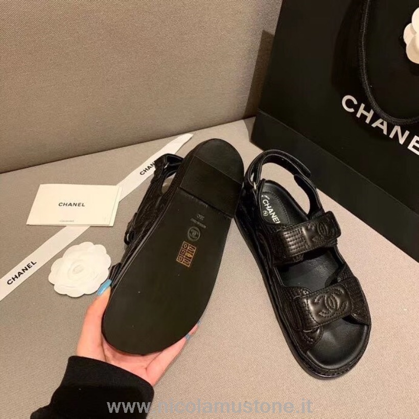 Qualità Originale Sandali Chanel Velcro Pelle Vitello Collezione Primavera/estate 2020 Nero