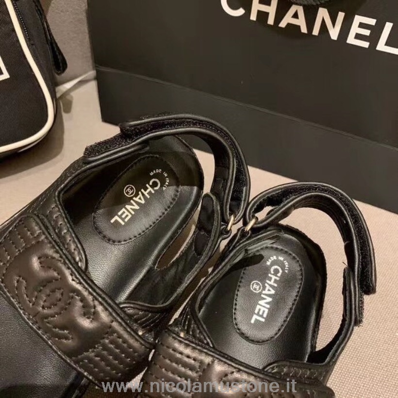 Qualità Originale Sandali Chanel Velcro Pelle Vitello Collezione Primavera/estate 2020 Nero