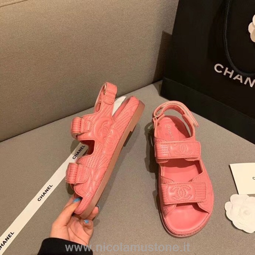 Qualità Originale Sandali Chanel Velcro Pelle Vitello Collezione Primavera/estate 2020 Rosa Chiaro
