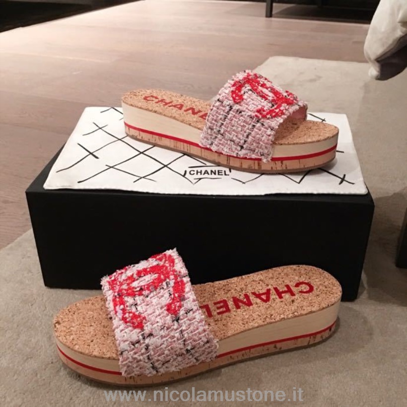 Originál Kvalitné Korkové Sandále Chanel Tvíd/teľacia Koža Kolekcia Jar/leto 2020 červená
