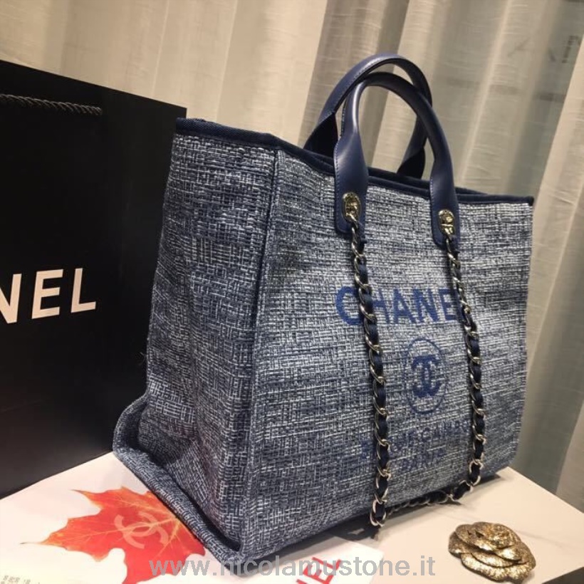 Originalkvalitet Chanel Deauville Tote 38cm Canvasväska Vår/sommar 2019 Kollektion Marinblå/vit