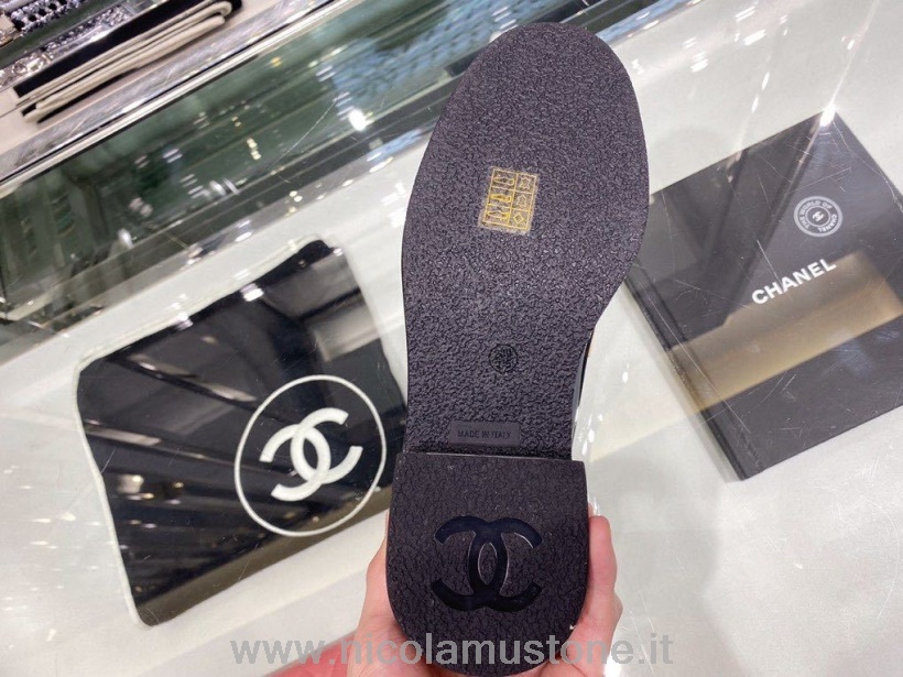 Original Kvalitet Chanel Kedja Broderade Loafers Kalvskinn Läder Höst/vinter 2019 Kollektion Tan/svart