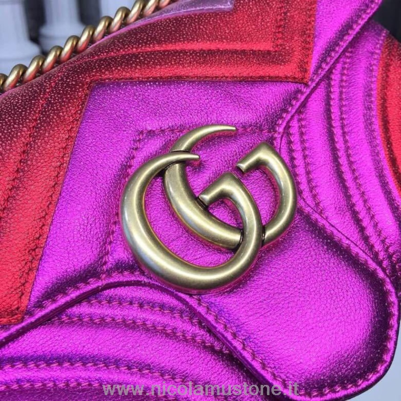 Originalkvalitet Gucci Gg Marmont Matelassväska 26cm Kalvskinnsläder 443497 Vår/sommar 2019 Kollektion Varm Rosa/röd Metallic