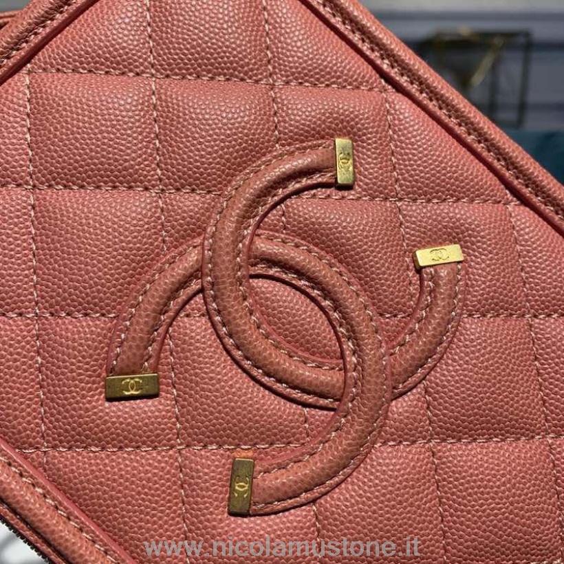 Originalkvalitet Chanel Cc Filigran Vertikal Sminkväska Väska 18cm Guld Hårdvara Kaviarläder Cruise 2019 Kollektion Rosa