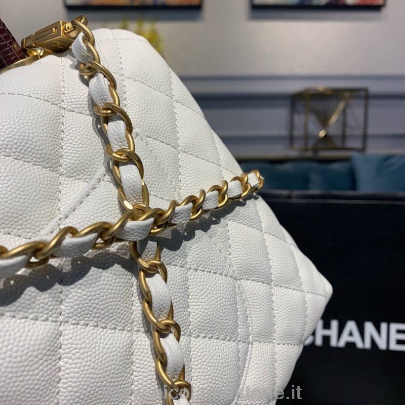 Originalkvalitet Chanel Coco Handtag Quiltad ödla Handtag Väska 30cm Kaviar Läder Guld Hårdvara Vår/sommar 2019 Akt 1 Kollektion Vit