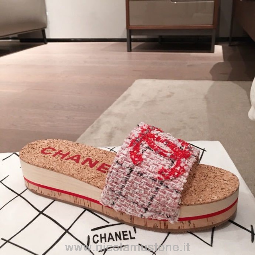 Original Kvalitet Chanel Korksandaler Tweed/kalvskinn Läder Vår/sommar 2020 Kollektion Röd