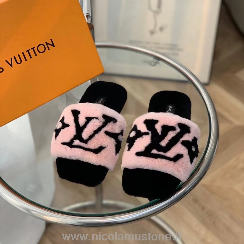 Original Kvalitet Louis Vuitton Päls Mule Slides Läder Höst/vinter 2021 Kollektion 1a95dz Ljusrosa/svart