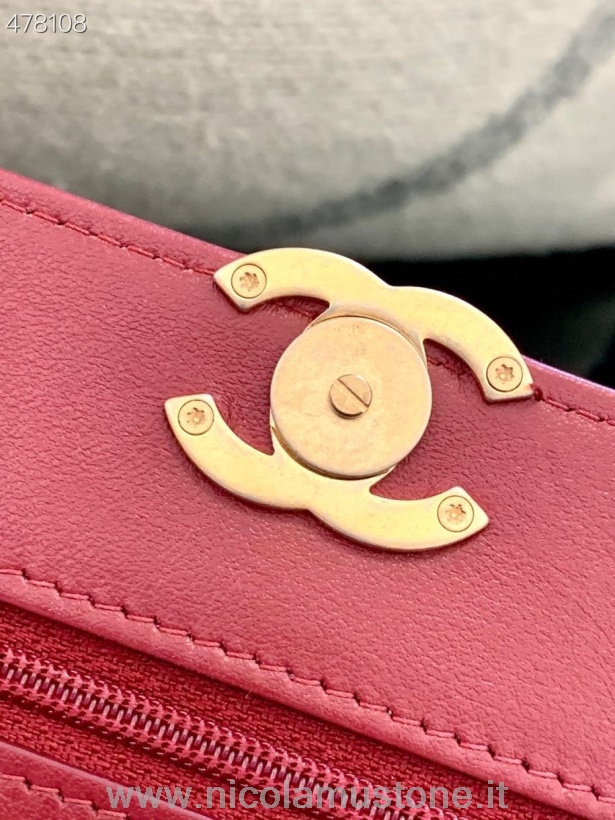 Originalkvalitet Chanel Miniatyr Väska 20cm As2615 Kalvskinn Läder Guld Hårdvara Vår/sommar 2021 Kollektion Vinröd