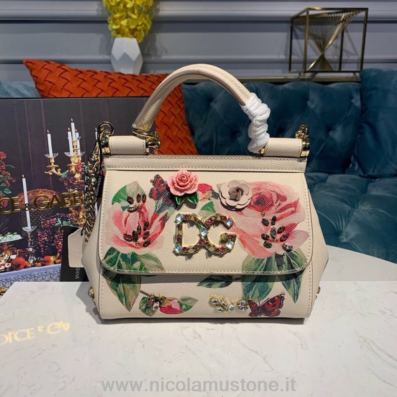 Original Kvalitet Dolce Gabbana Blommig Sicilien Väska 25cm Med Dg Kristallkornigt Kalvskinn Läder Höst/vinter 2019 Kollektion Vit