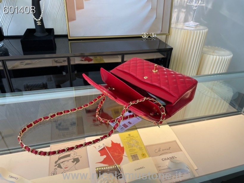 คุณภาพเดิม Chanel กระเป๋าสะพายคลาสสิก 25 ซม ฮาร์ดแวร์ทองหนังแกะฤดูใบไม้ผลิ/ฤดูร้อน 2021 คอลเลกชันสีแดง