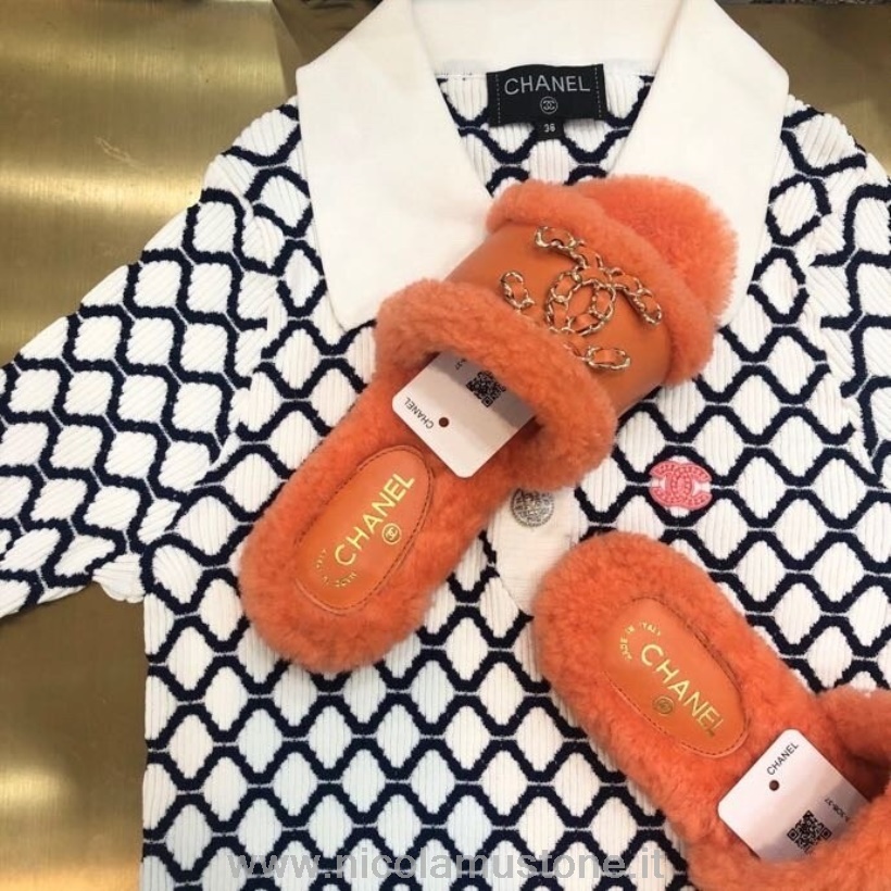 คุณภาพเดิม Chanel ทอ Cc โลโก้ Shearling Fur รองเท้าแตะหนังลูกวัวหนังฤดูใบไม้ร่วง/ฤดูหนาว 2020 คอลเลกชันสีส้ม