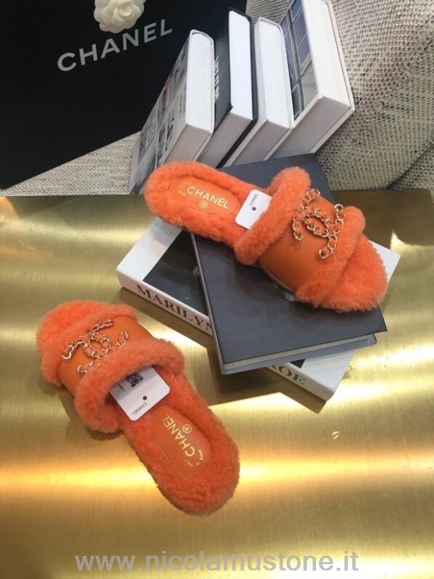คุณภาพเดิม Chanel ทอ Cc โลโก้ Shearling Fur รองเท้าแตะหนังลูกวัวหนังฤดูใบไม้ร่วง/ฤดูหนาว 2020 คอลเลกชันสีส้ม