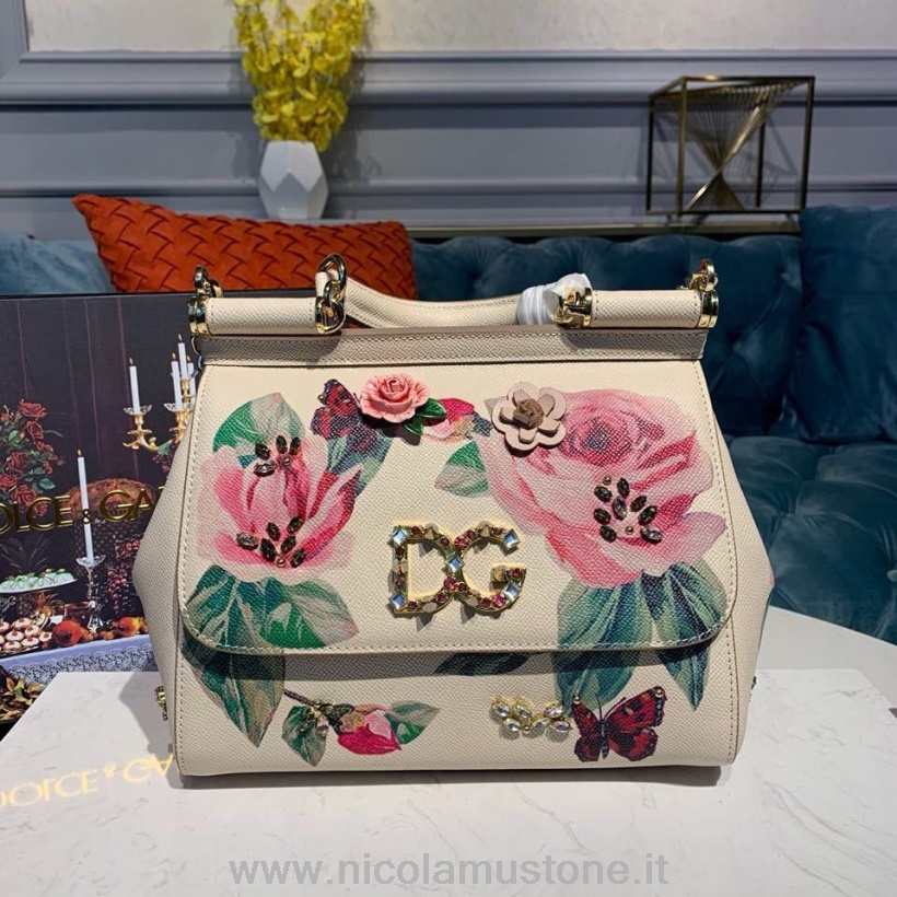 คุณภาพเดิม Dolce Gabbana ดอกไม้ซิซิลีกระเป๋า 20 ซม Dg คริสตัลเม็ดหนังลูกวัวหนังฤดูใบไม้ร่วง/ฤดูหนาว 2019 คอลเลกชันสีขาว