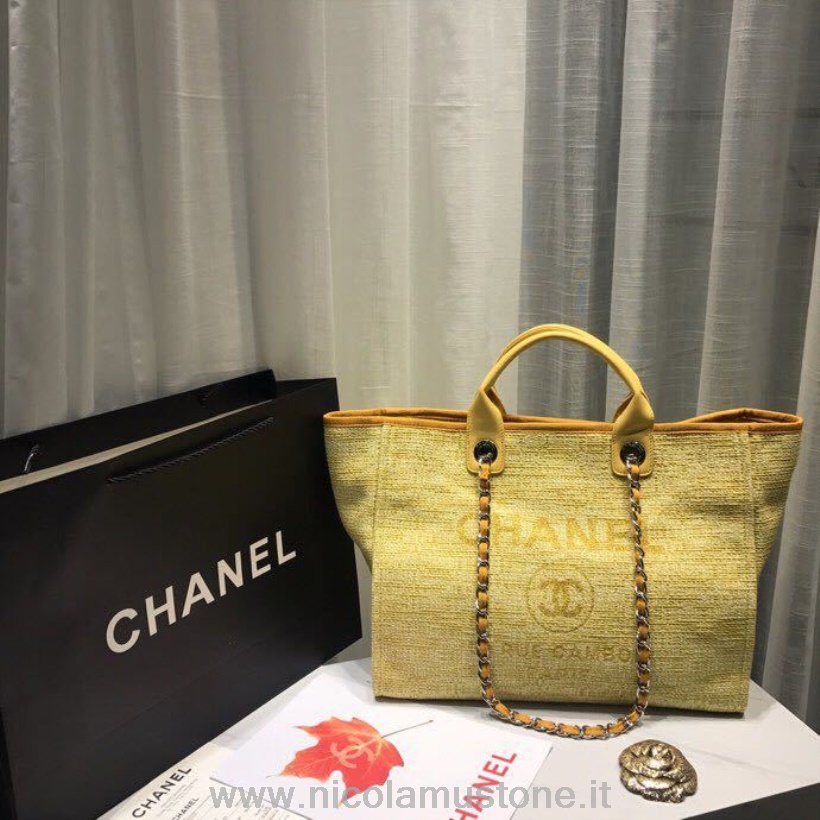 คุณภาพเดิม Chanel Deauville Tote 38 ซม กระเป๋าผ้าใบฤดูใบไม้ผลิ/ฤดูร้อน 2019 คอลเลกชันสีเหลือง/สีขาว/multi