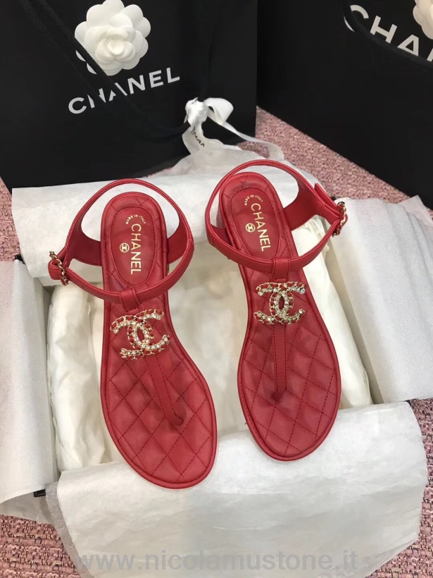 คุณภาพเดิม Chanel Cc โลโก้ Thong รองเท้าแตะส้นสูงหนังลูกวัวฤดูใบไม้ผลิ/ฤดูร้อน 2020 แอค 2 คอลเลกชันสีแดง