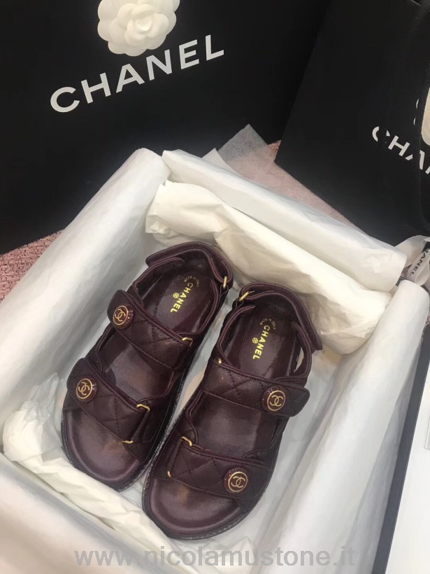 คุณภาพเดิม Chanel Velcro รองเท้าแตะชายหาดหนังลูกวัวฤดูใบไม้ผลิ/ฤดูร้อน 2020 แอค 2 คอลเลกชันบอร์โดซ์
