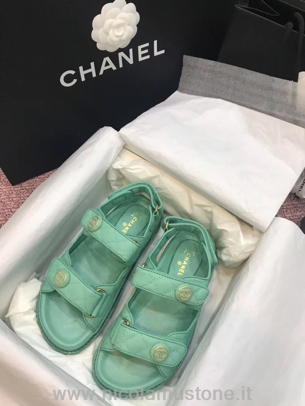คุณภาพเดิม Chanel Velcro รองเท้าแตะชายหาดหนังลูกวัวฤดูใบไม้ผลิ/ฤดูร้อน 2020 แอค 2 คอลเลกชันเทอร์ควอยซ์