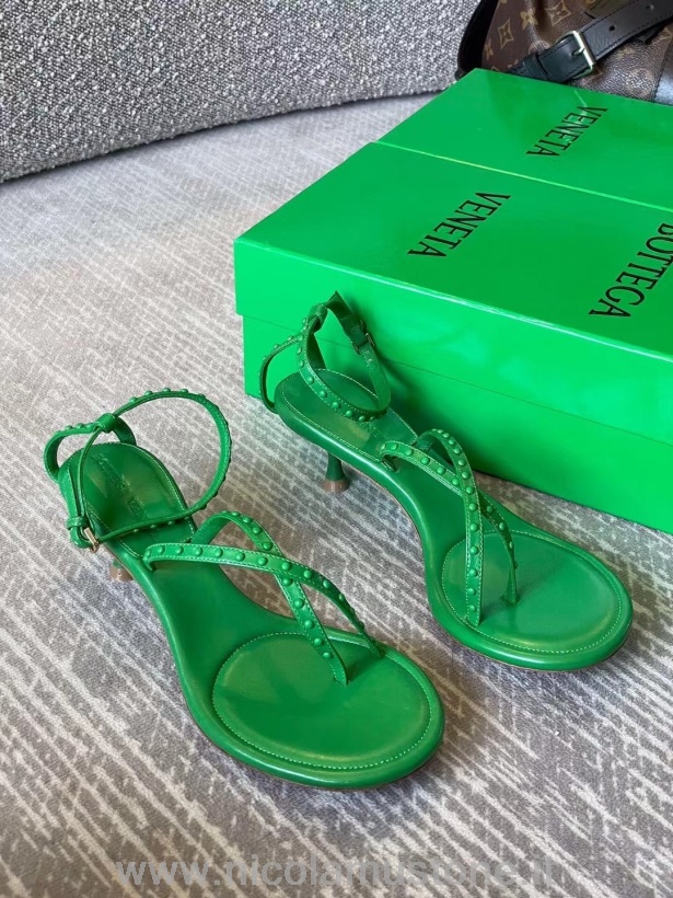 คุณภาพดั้งเดิม Bottega Veneta Dot Studded รองเท้าแตะหนังลูกวัวคอลเลกชั่นฤดูใบไม้ร่วง/ฤดูหนาว 2021 สีเขียว