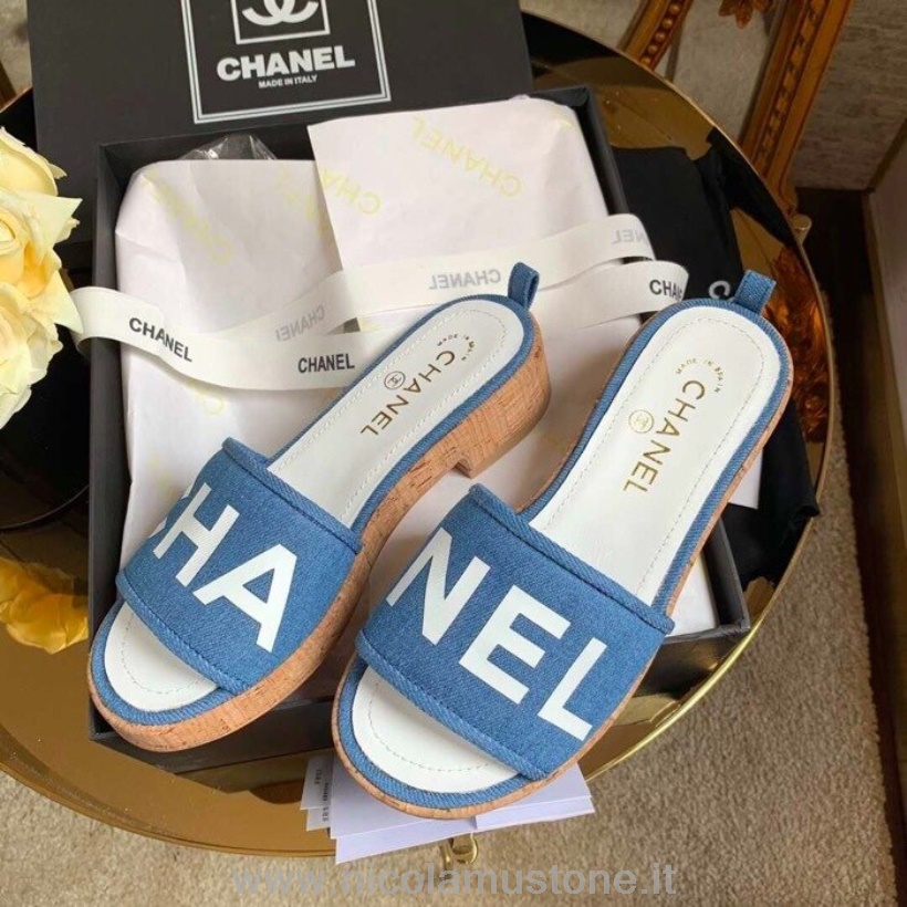 คุณภาพเดิม Chanel Mule รองเท้าแตะ G34876 หนังแกะหนังฤดูใบไม้ผลิ/ฤดูร้อน 2019 คอลเลกชันผ้ายีนส์สีฟ้า