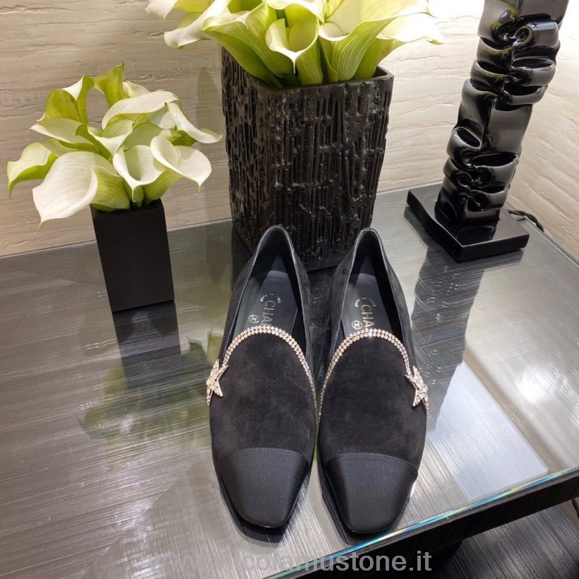 คุณภาพดั้งเดิม Chanel Jeweled Suede Flats รองเท้าแตะหนัง Lambskin คอลเลกชั่นฤดูใบไม้ผลิ/ฤดูร้อน 2020 สีดำ