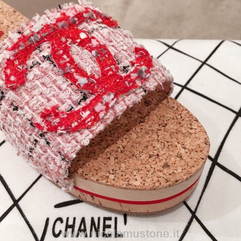 รองเท้าแตะ Chanel Cork คุณภาพเดิม ทวี/หนังลูกวัว คอลเลกชันฤดูใบไม้ผลิ/ฤดูร้อน 2020 สีแดง