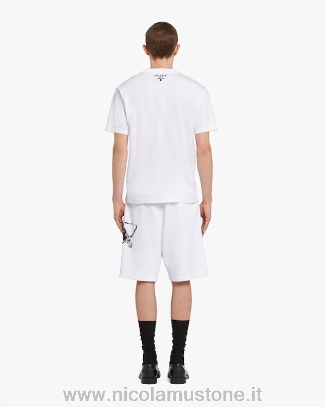 เสื้อยืดแขนสั้นพิมพ์ลายโลโก้ Prada คุณภาพเดิม คอลเลกชั่นฤดูใบไม้ผลิ/ฤดูร้อน 2022 สีขาว