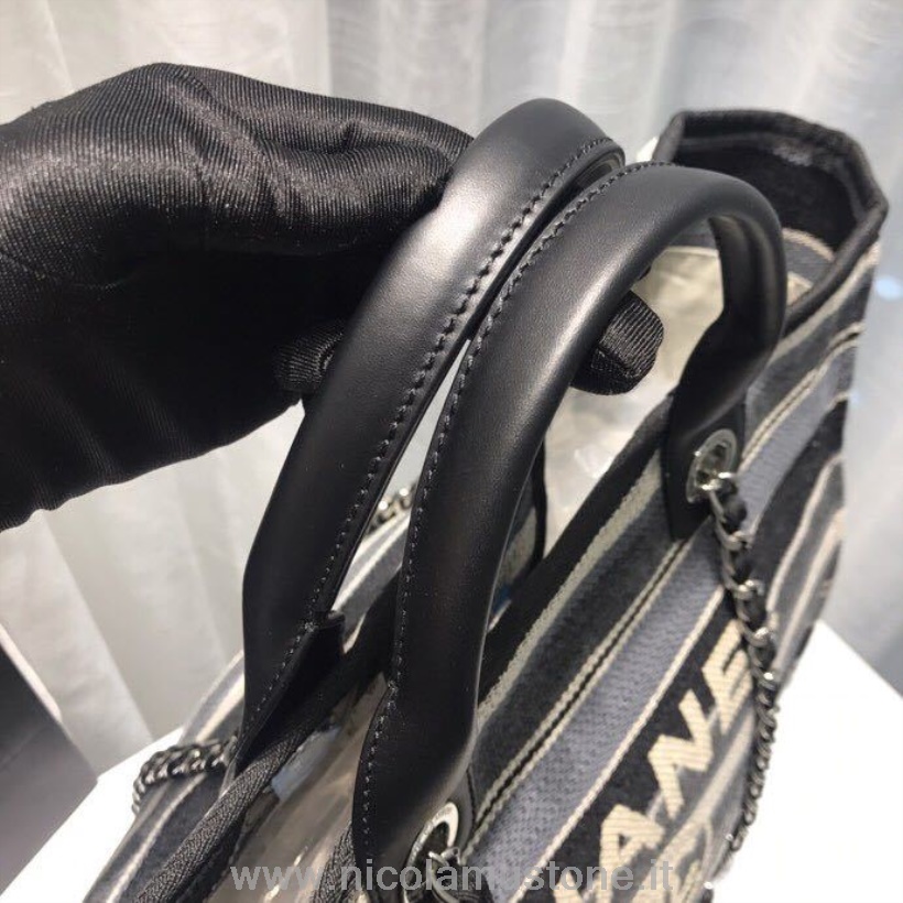 Qualità Originale Chanel Deauville Tote 38 Cm Borsa Di Tela Collezione Primavera/estate 2019 Strisce Nero/bianco/grigio/multi