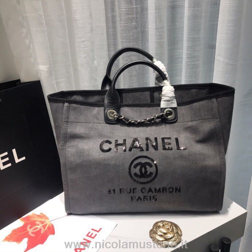 Qualità Originale Chanel Deauville Tote 38 Cm Borsa In Tela Collezione Primavera/estate 2019 Nero/grigio Chiaro/paillettes