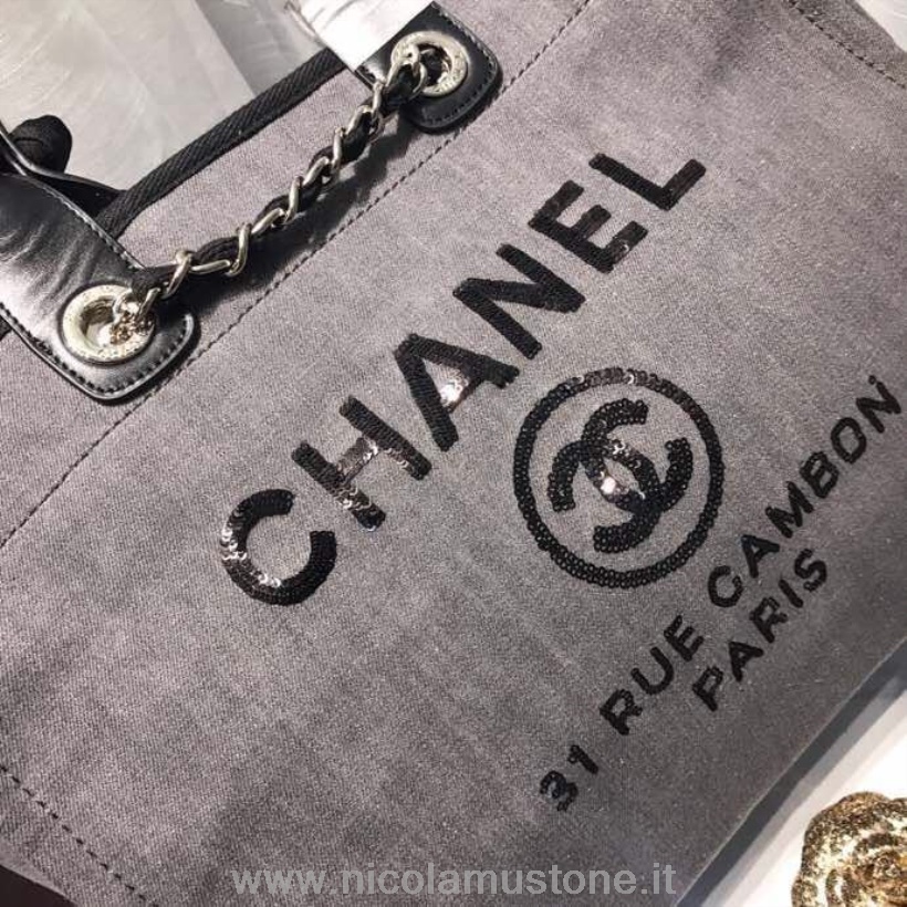 Qualità Originale Chanel Deauville Tote 38 Cm Borsa In Tela Collezione Primavera/estate 2019 Nero/grigio Chiaro/paillettes