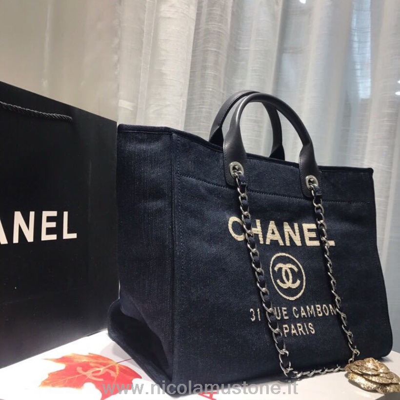 Qualità Originale Chanel Deauville Tote 38cm Borsa In Tela Collezione Primavera/estate 2019 Blu Scuro Denim/bianco