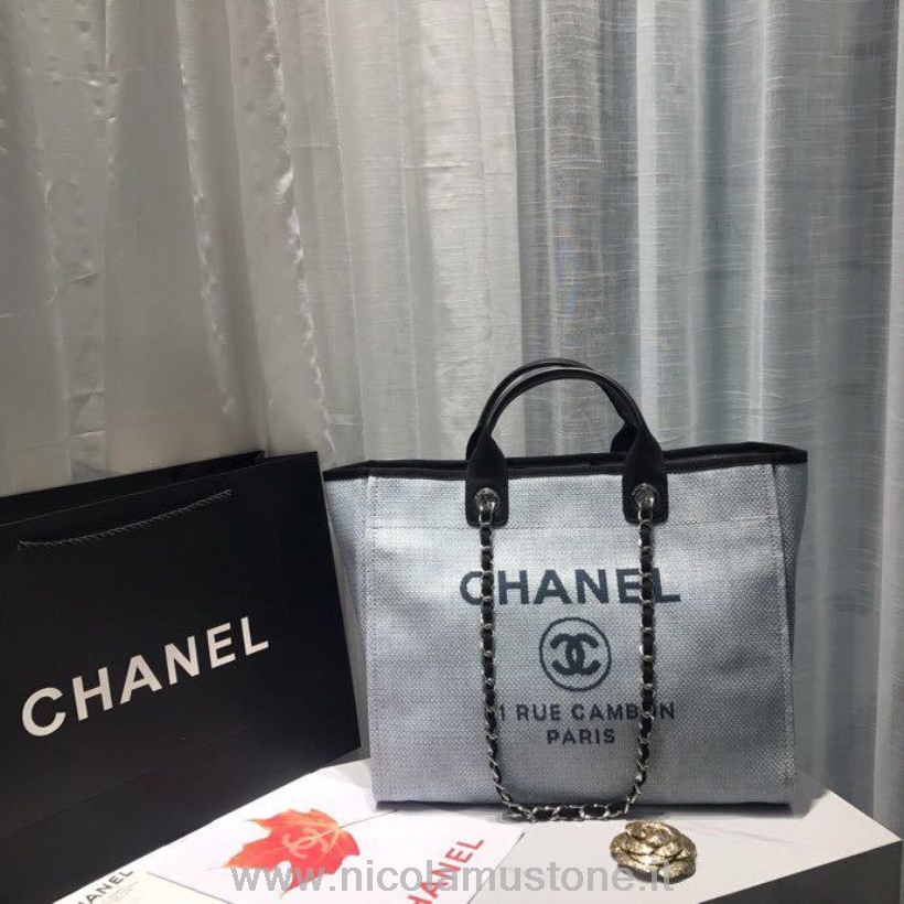 Qualità Originale Chanel Deauville Tote 38cm Borsa In Tela Collezione Primavera/estate 2019 Grigio Chiaro/nero/multi