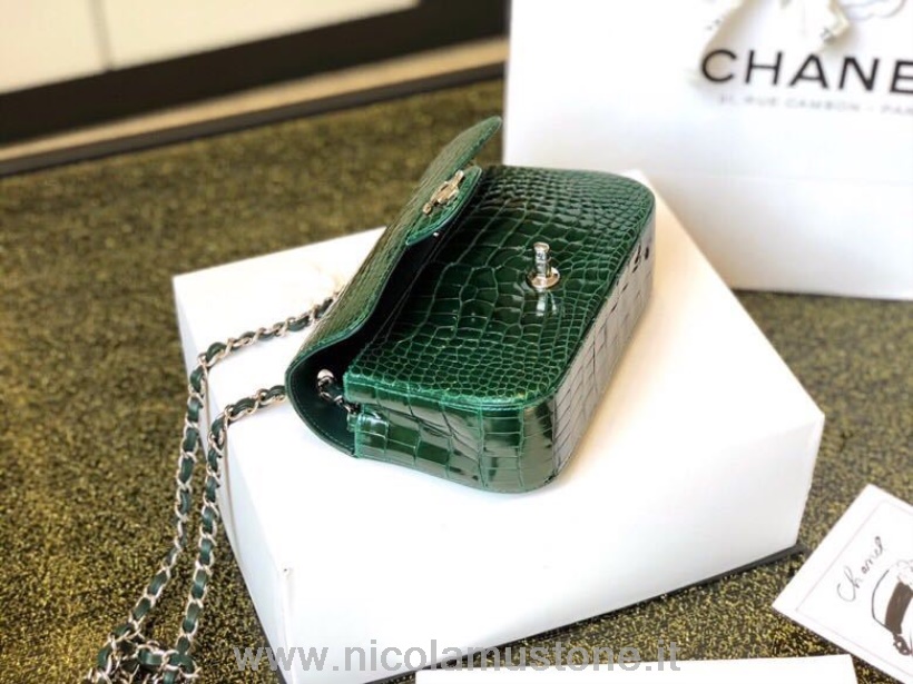 Qualità Originale Chanel Mini Borsa Classica Con Patta 20 Cm Hardware Oro Pelle Di Coccodrillo Primavera/estate 2019 Collezione Act 2 Verde Scuro