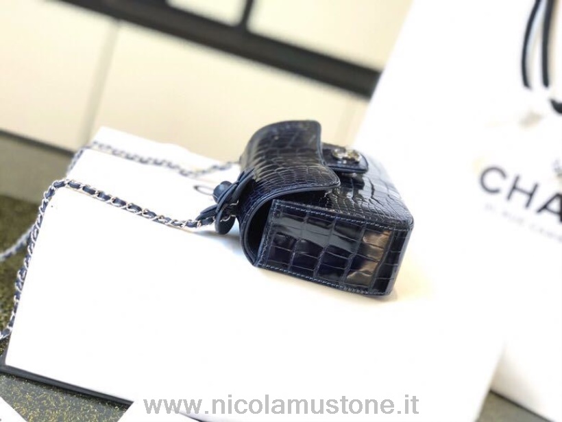 Qualità Originale Chanel Mini Classico Patta Borsa Motivo Camelia 20 Cm Hardware Oro Pelle Di Coccodrillo Primavera/estate 2019 Collezione Act 2 Blu Navy