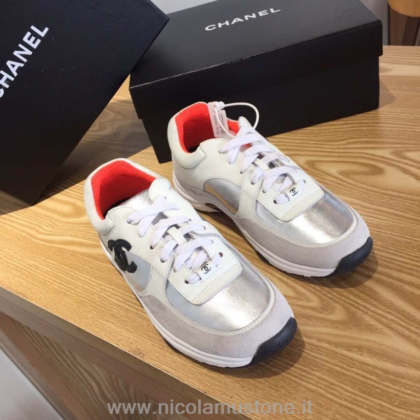 Qualità Originale Chanel Nylon Sneakers Sneakers G34360 Pelle Di Agnello Pelle Scamosciata Collezione Primavera/estate 2019 Bianco/grigio/argento/arancione