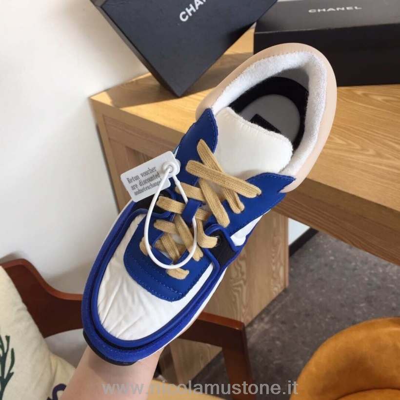 Qualità Originale Chanel Nylon Sneakers Sneakers G34360 Pelle Di Agnello Pelle Scamosciata Collezione Primavera/estate 2019 Blu/bianco/giallo