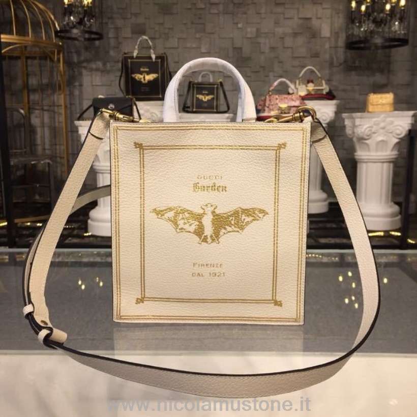 Orijinal Kalite Gucci Alışveriş Yarasa Işlemeli Bez çanta 22cm 513909 Dana Derisi Deri Ilkbahar/yaz 2018 Koleksiyonu Beyaz
