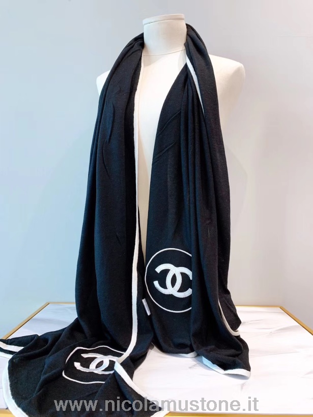 Orijinal Kalite Chanel Cc Logo Kaşmir Eşarp 200cm Sonbahar/kış 2019 Koleksiyonu Siyah/beyaz