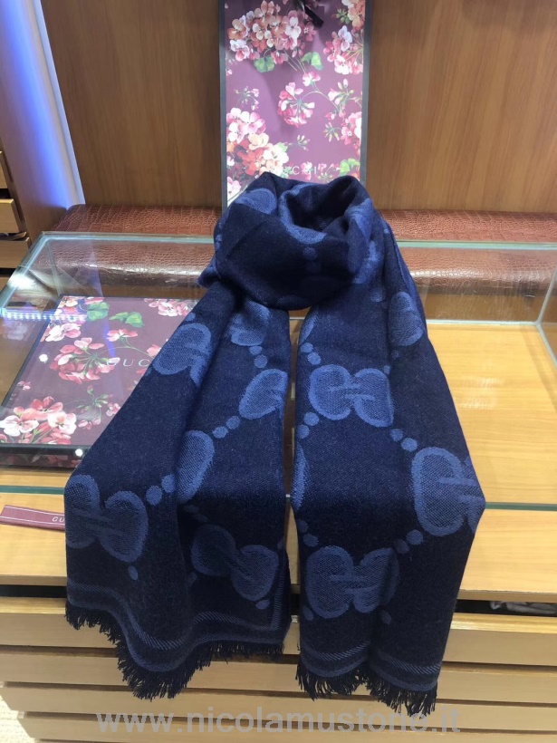 Orijinal Kalite Gucci Gg Jakarlı Atkı Yün Ipek 180cm Sonbahar/kış 2019 Koleksiyonu Koyu Mavi