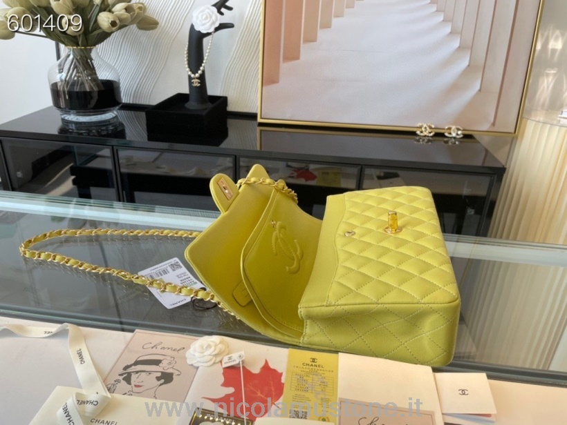 Orijinal Kalite Chanel Klasik Flap çanta 25cm Altın Donanım Kuzu Derisi Deri Ilkbahar/yaz 2021 Koleksiyonu Sarı
