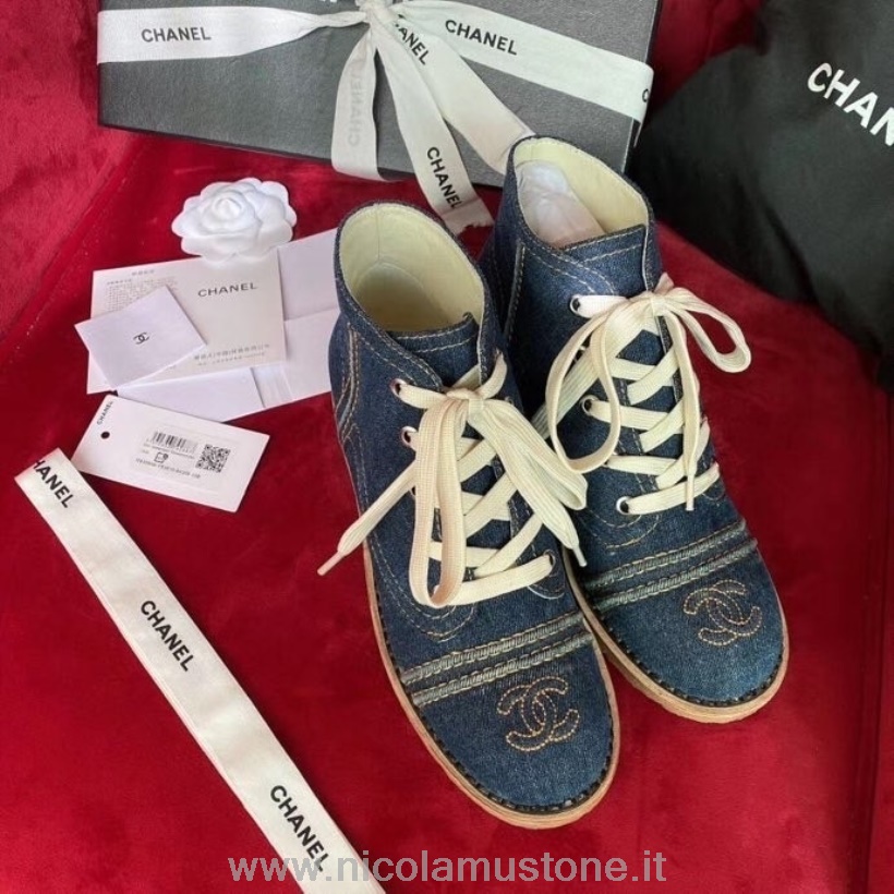 Chanel Kalın Topuk Bağcıklı Denim Bot Dana Derisi İlkbahar/Yaz 2020 Koleksiyonu Lacivert